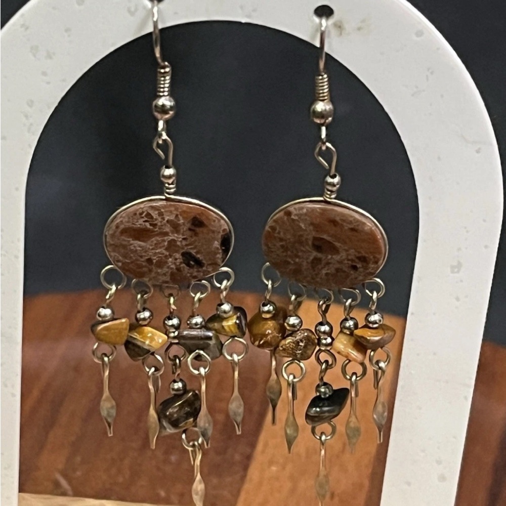 Silver Tone Agate & Tigers Eye 2.75” Dangle Chandelier Earrings Boho 4 Protectio